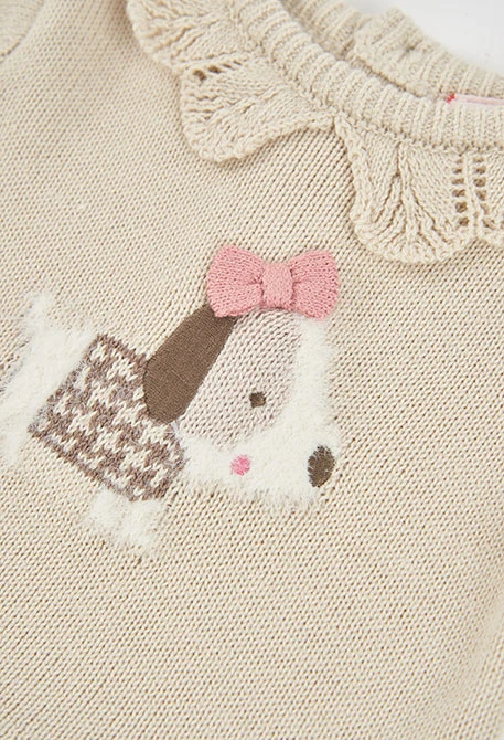 Beige baby dress with puppy embroidery
