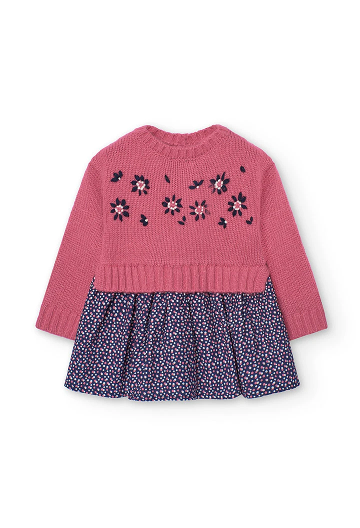 Knitted dress for baby girl with pink floral print