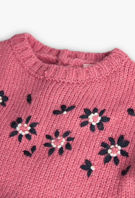 Knitted dress for baby girl with pink floral print