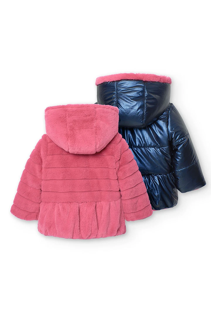 Reversible parka for baby girl in navy blue