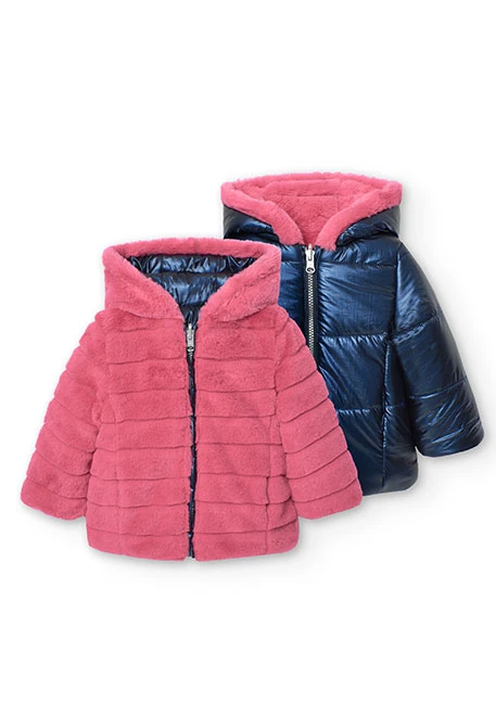 Reversible parka for baby girl in navy blue