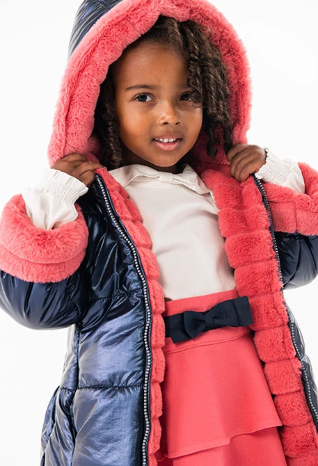 Reversible parka for baby girl in navy blue