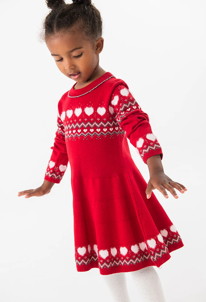 Knitted dress for baby girl with maroon heart print