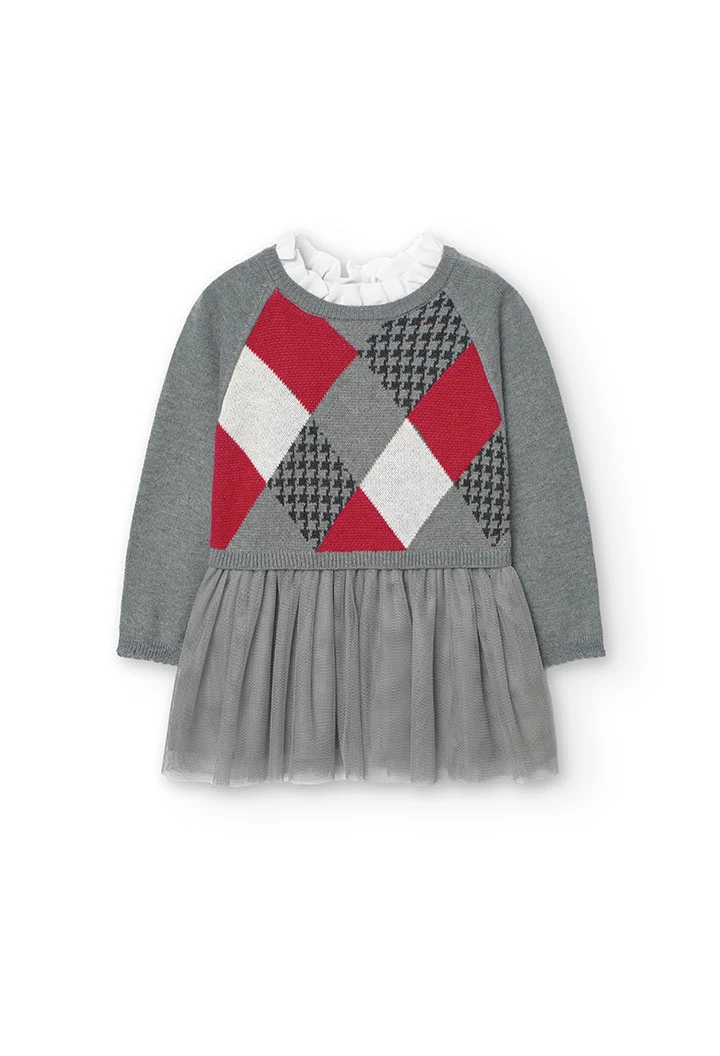 Knitted dress for baby girl with light grey diamond pattern