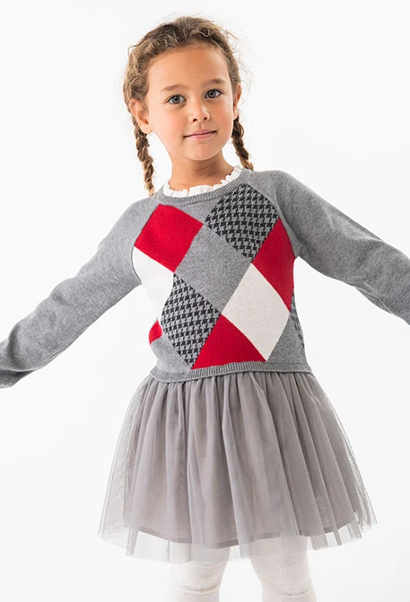 Robe en tricot pour bébé fille avec motif losanges en gris clair