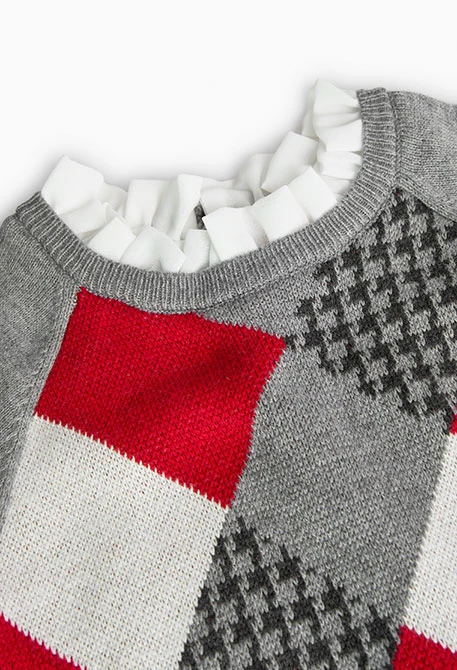 Robe en tricot pour bébé fille avec motif losanges en gris clair