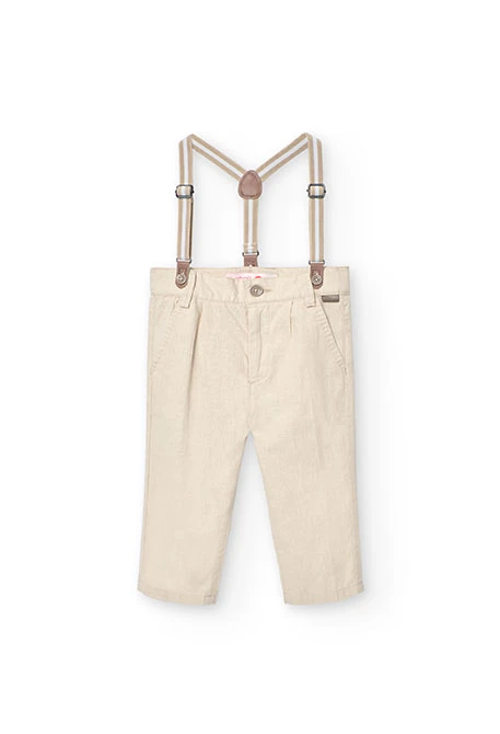 Pantaloni in lino per bambino in beige con bretelle.