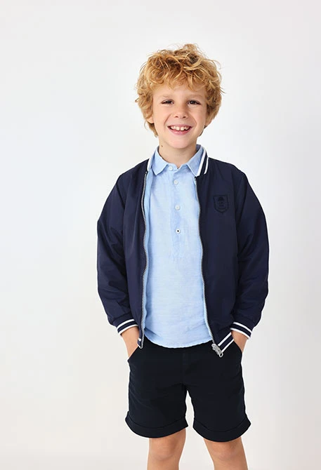 Satin bermuda shorts for baby boy in navy blue