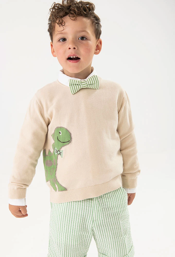 Camisola de malha para bebé menino em bege com desenho de dinossauro