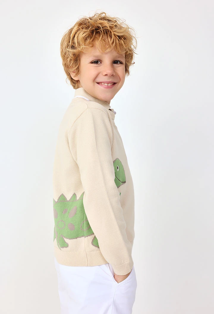 Pull tricoté pour bébé garçon en couleur beige avec motif de dinosaure