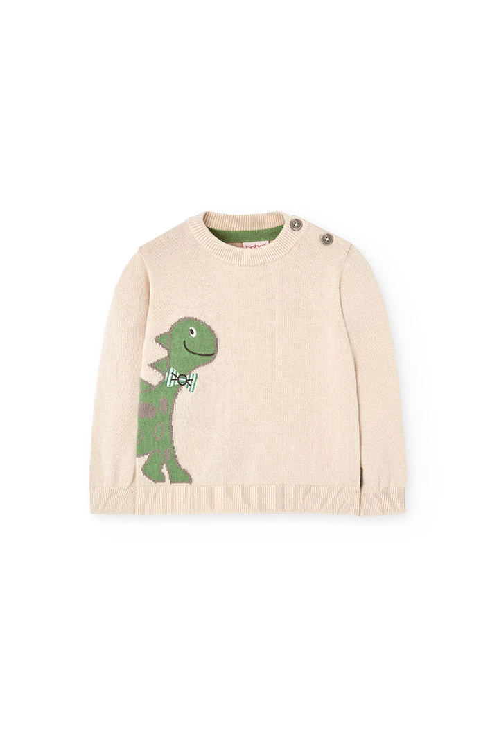 Pull tricoté pour bébé garçon en couleur beige avec motif de dinosaure