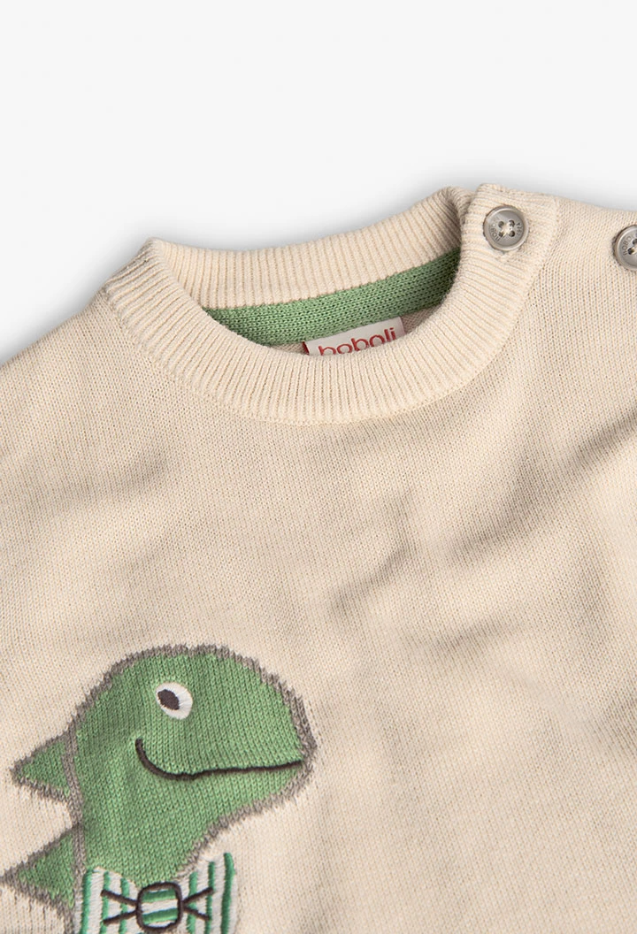 Camisola de malha para bebé menino em bege com desenho de dinossauro