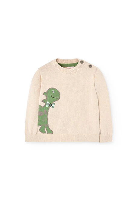 Pull tricoté pour bébé garçon en couleur beige avec motif de dinosaure