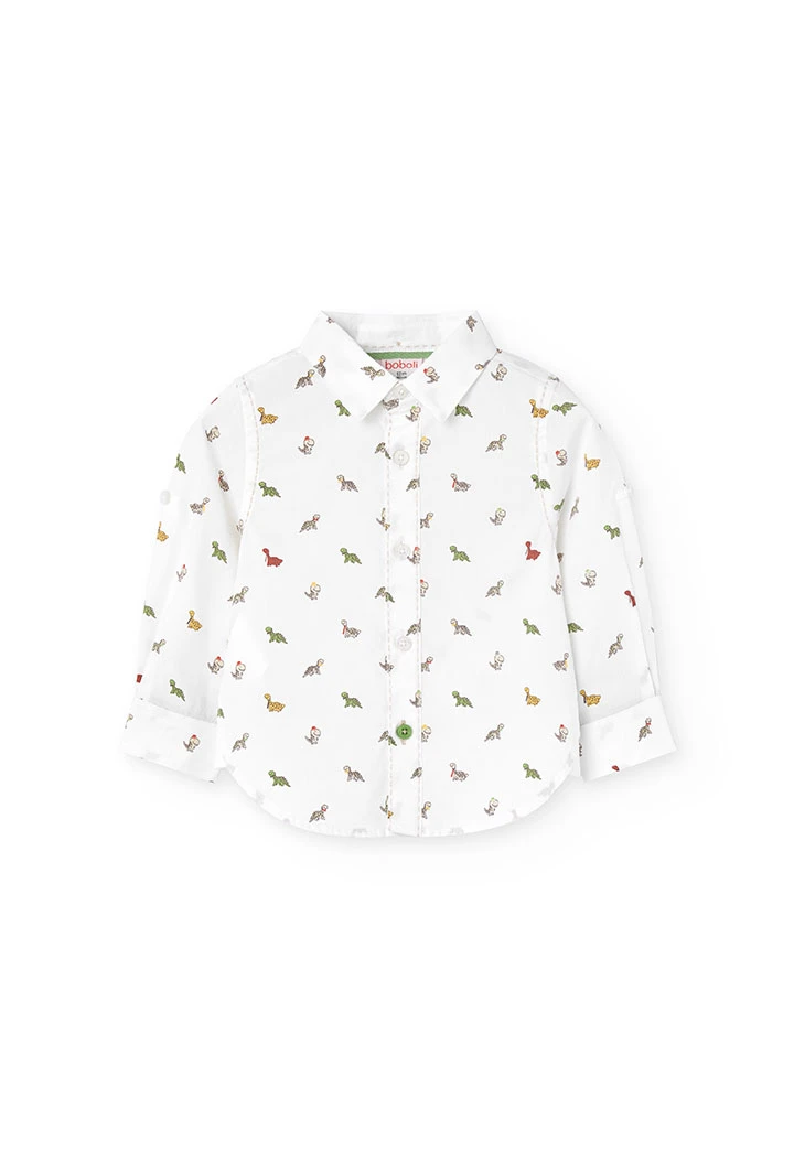 Baby printed poplin shirt in white with a dinosaur motif