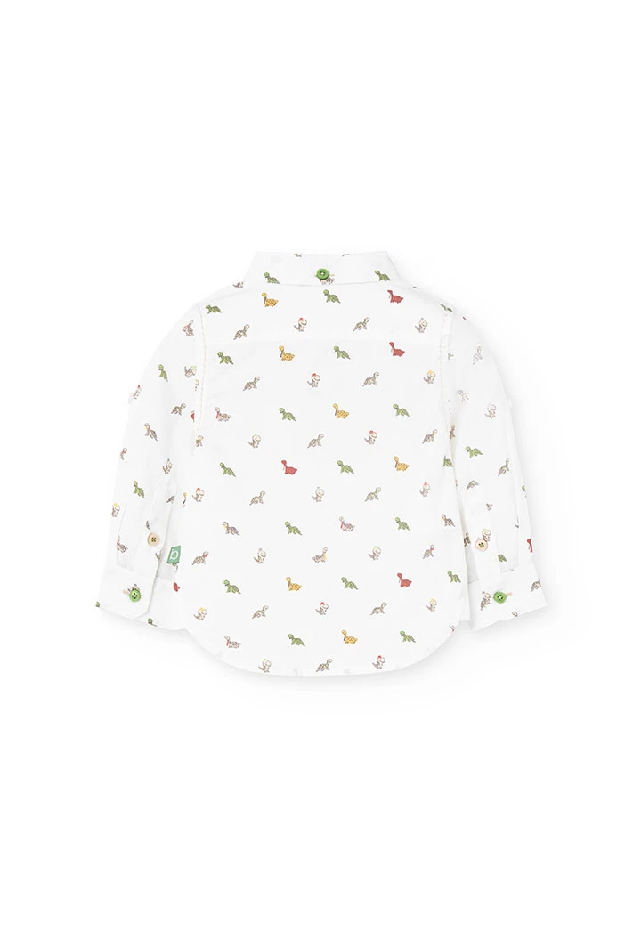 Baby printed poplin shirt in white with a dinosaur motif