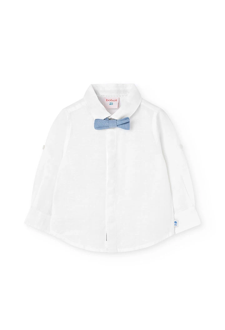 Camisa de linho para bebé menino em branco com gravata borboleta