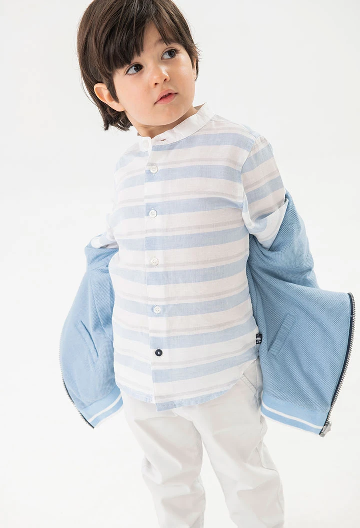 Camisa de linho de bebé menino com lista azul e branco