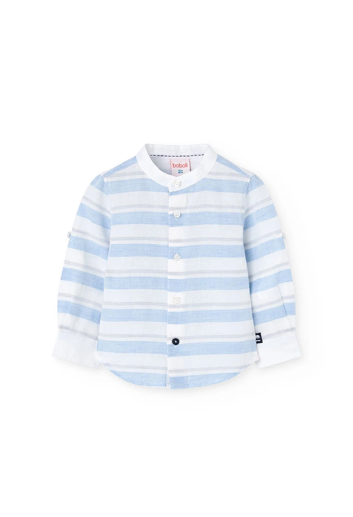 Camisa de linho de bebé menino com lista azul e branco