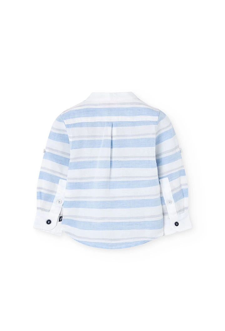 Camisa de linho de bebé menino com lista azul e branco