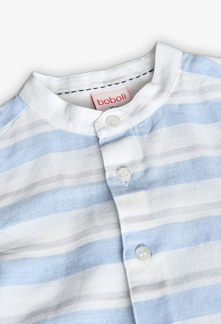 Camisa de linho de bebé menino com lista azul e branco