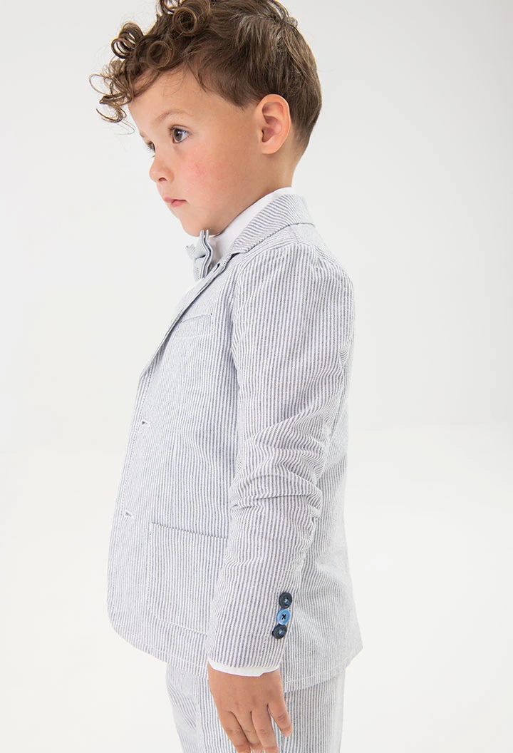 Casaco blazer oxford para bebé menino com riscas azuis e cinzentas.