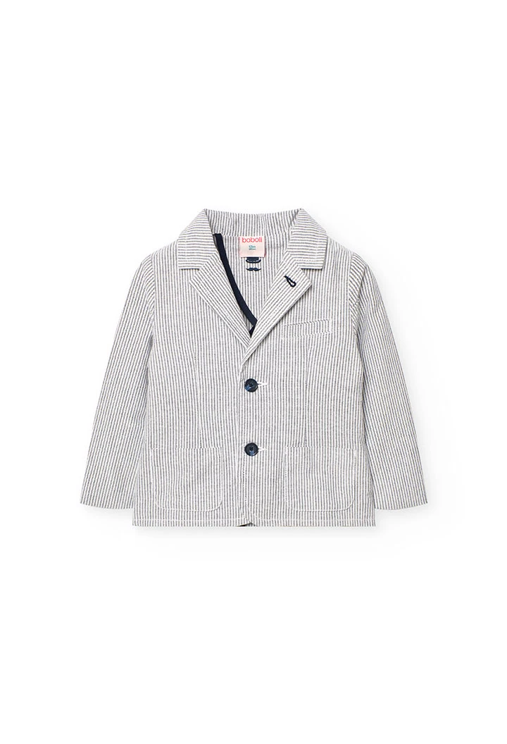 Casaco blazer oxford para bebé menino com riscas azuis e cinzentas.