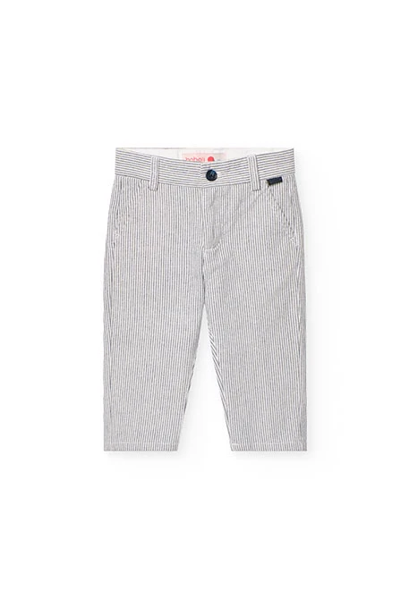 Calças oxford para bebé menino listadas em cinzento e branco