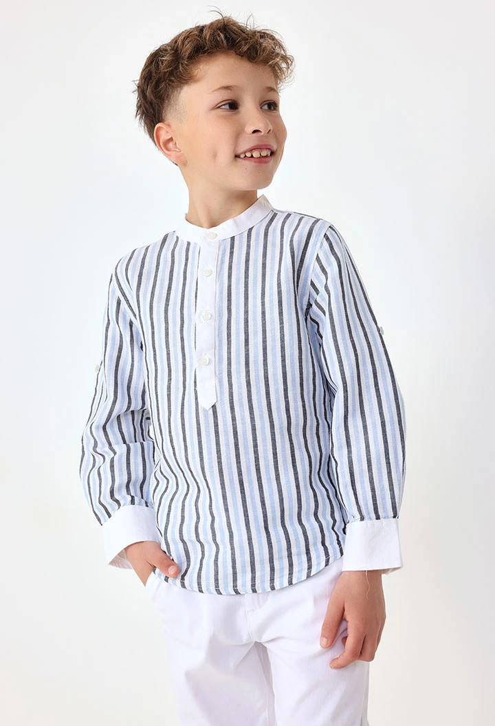 Camisa de linho de bebé menino listado em azul e branco