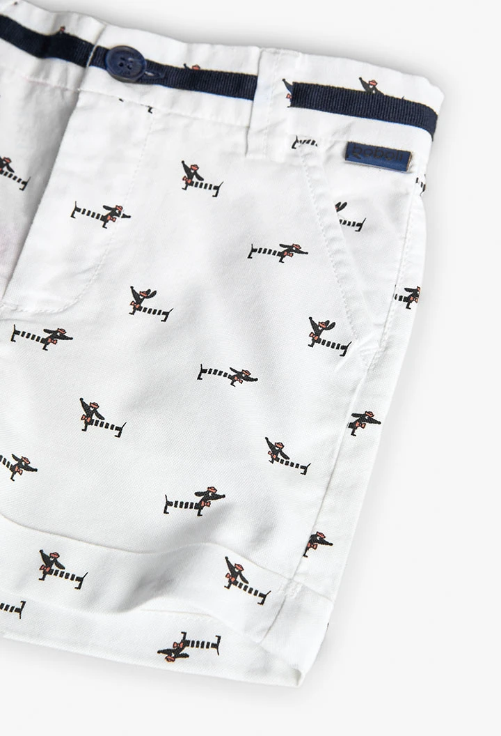 Bermuda oxford pour bébé garçon en blanc avec imprimé d\'animaux.