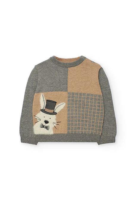 Pull gris pour garçon avec motif de lapin