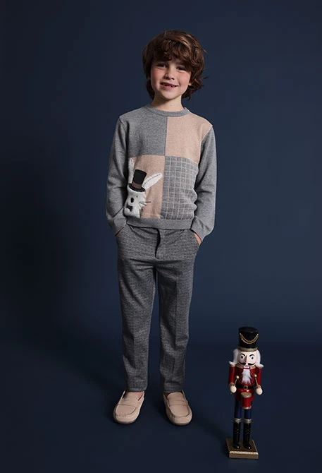 Pantalon garçon en maille carreaux gris foncé