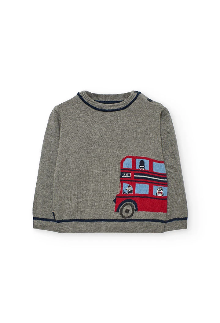 Camisola malha cinza com autocarro e animais para menino
