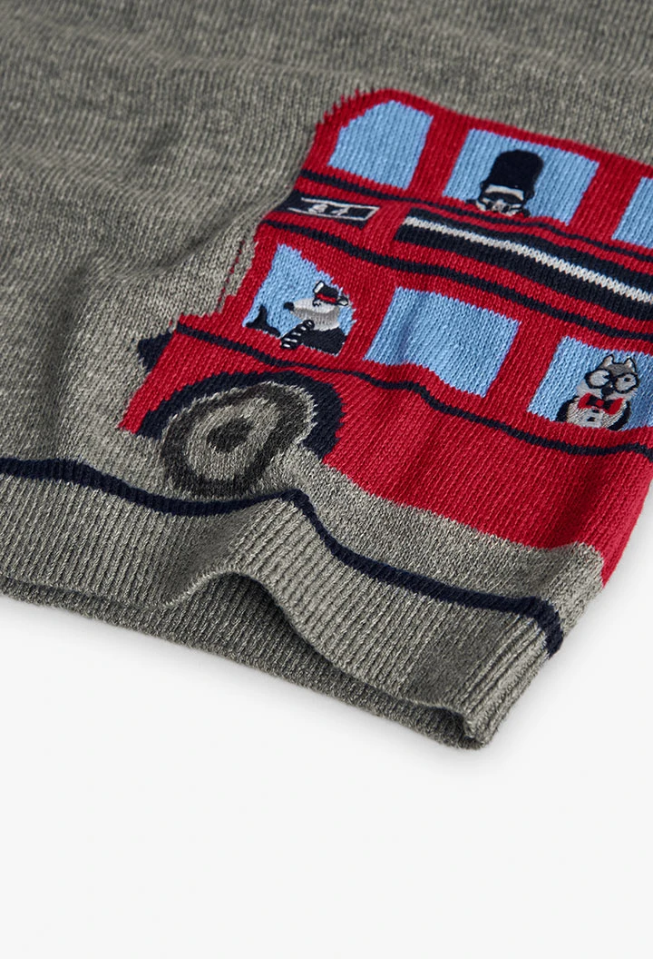 Grey knitted boy´s jumper with bus and animals