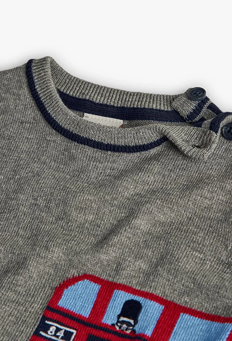 Pull garçon en tricot gris avec un bus et des animaux