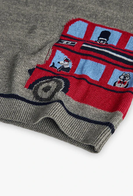 Grey knitted boy´s jumper with bus and animals