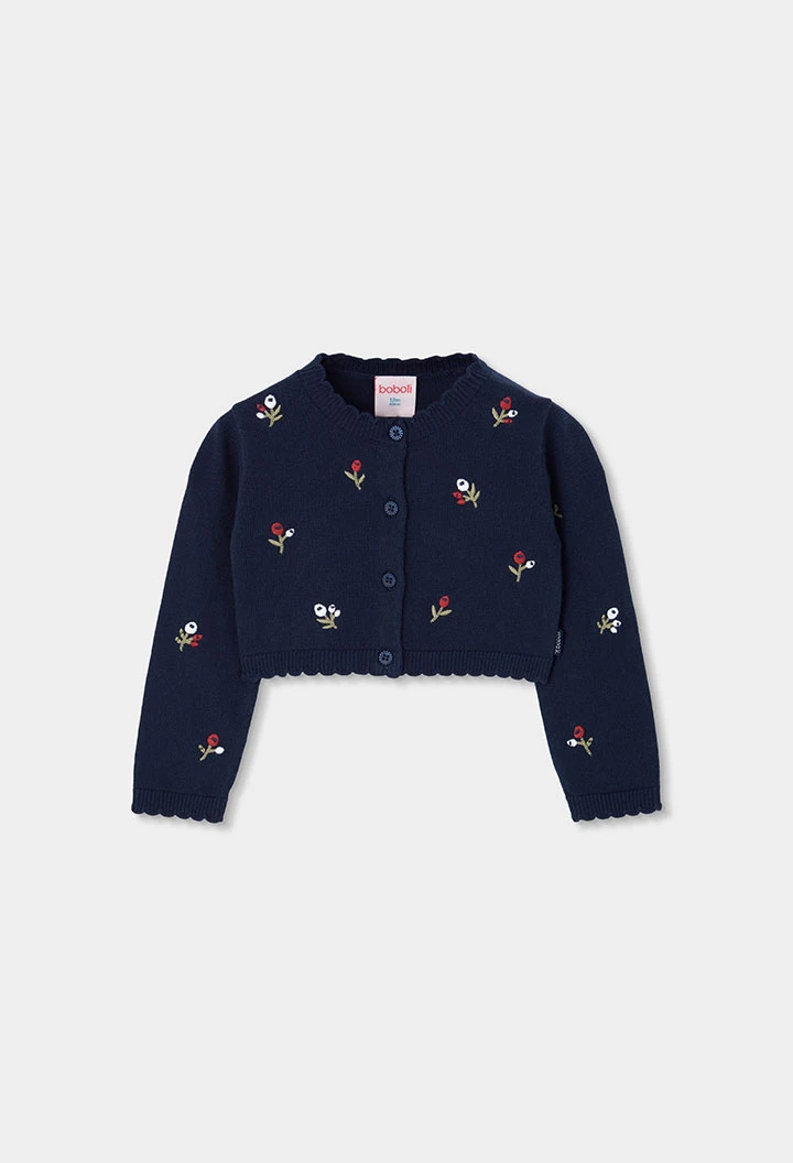 Veste en maille fille bleu marine broderie fleurs