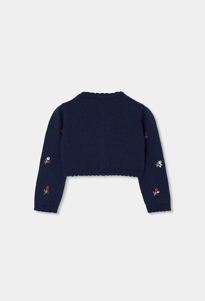 Veste en maille fille bleu marine broderie fleurs