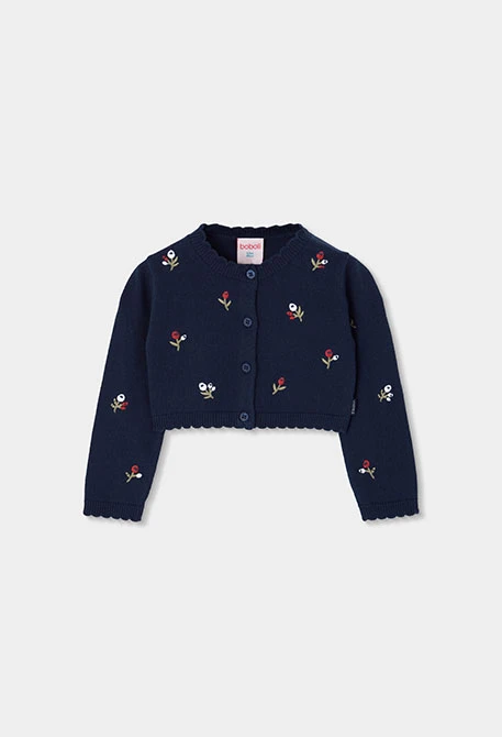 Chaqueta punto niña azul marino bordado flores