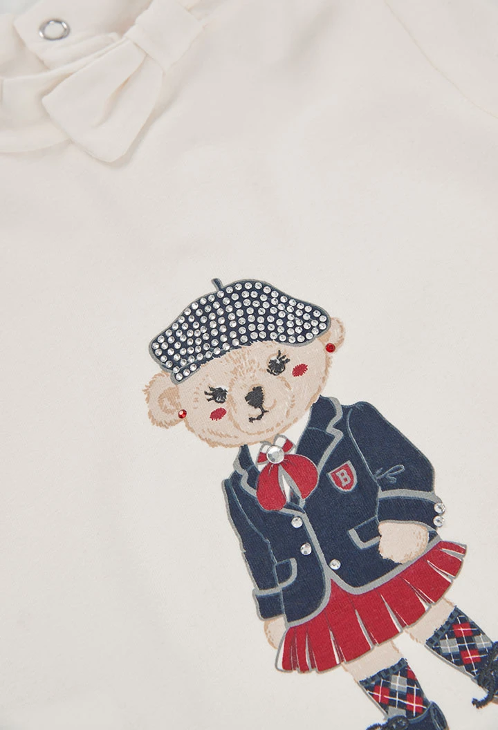 Girl\'s white knitted T-shirt with teddy bear print