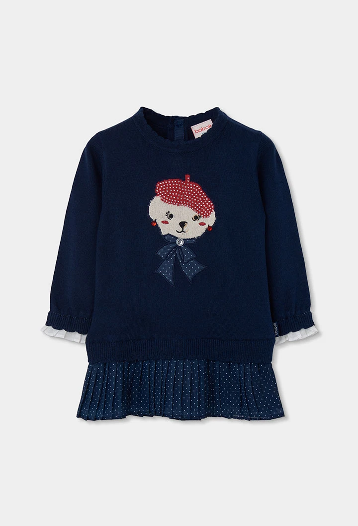 Navy blue embroidered teddy bear dress with beret