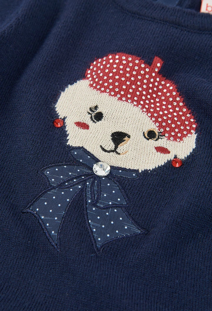 Navy blue embroidered teddy bear dress with beret