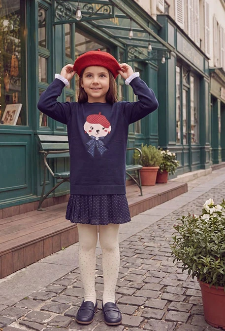 Navy blue embroidered teddy bear dress with beret