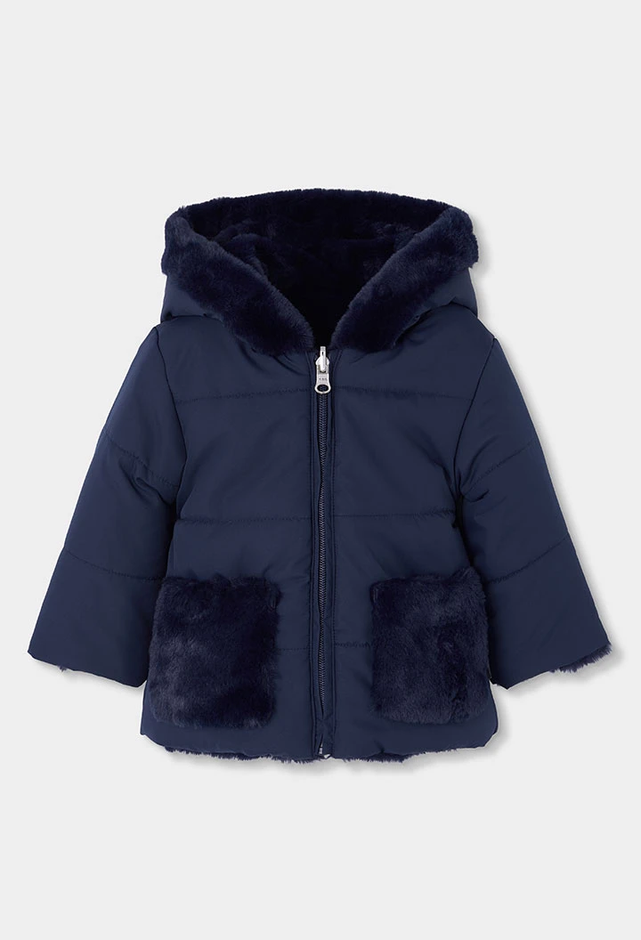 Reversible technical knit parka girl navy blue