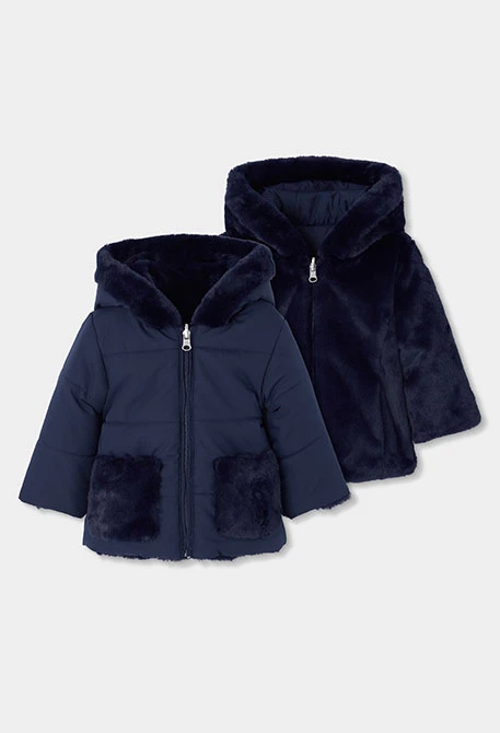 Reversible technical knit parka girl navy blue