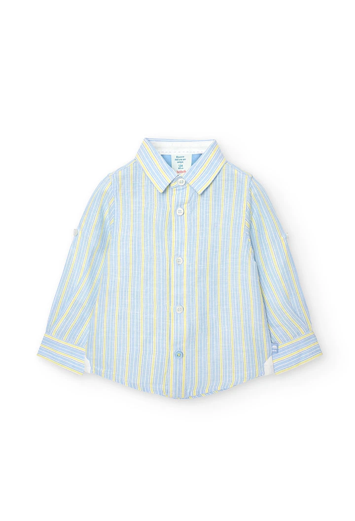 Camisa de linho listada de bebé menino de cor azul