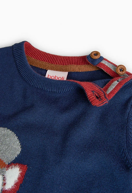 Knitted jumper for baby boy with print in navy blue