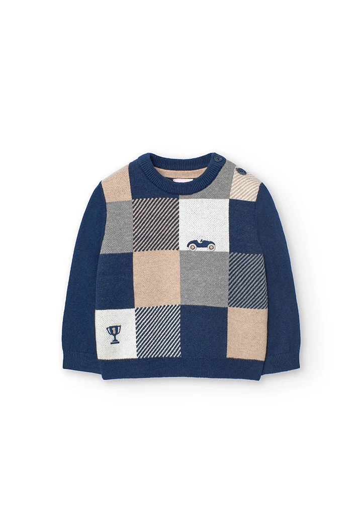 Knitted jumper for baby boy with check pattern