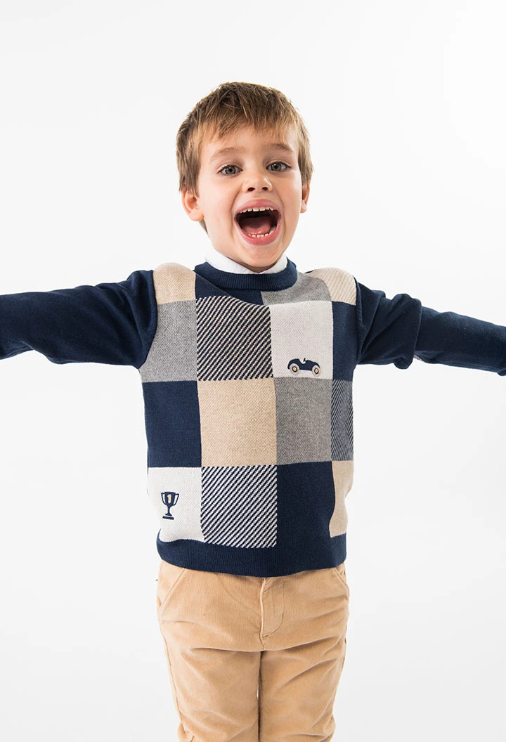 Pull en tricot pour bebe garcon a carreaux bleu marine avec col rond et manches longues