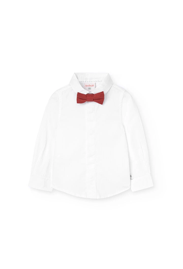 Plain cotton shirt for boy in white with bow tie