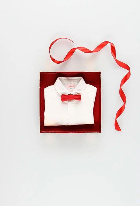 Plain cotton shirt for boy in white with bow tie